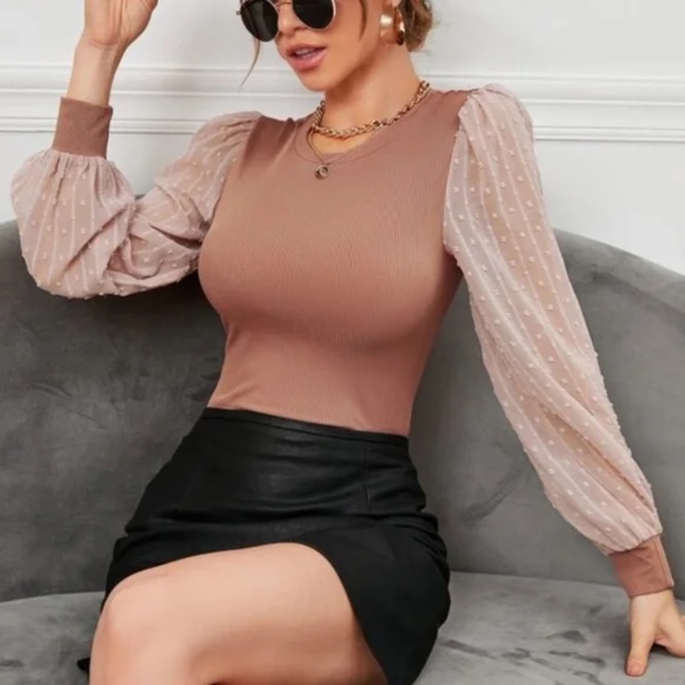 Swiss Dot Dusty Pink Puff Sheer Sleeve Ribbed Blouse Work Office - Picture 1 of 11
